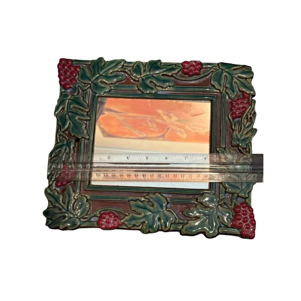 Tile Grape & Leaf Ceramic Framed Mirror Signed READ